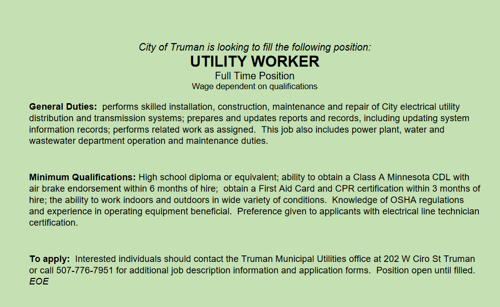 City of Truman Hiring Utility Worker-4-2023