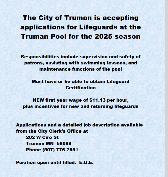 Truman Pool Hiring for 2025 Season